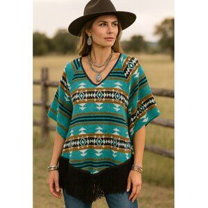 Western Boho Aztec Print Fringe Sweater Poncho size M Oversized Bohemian